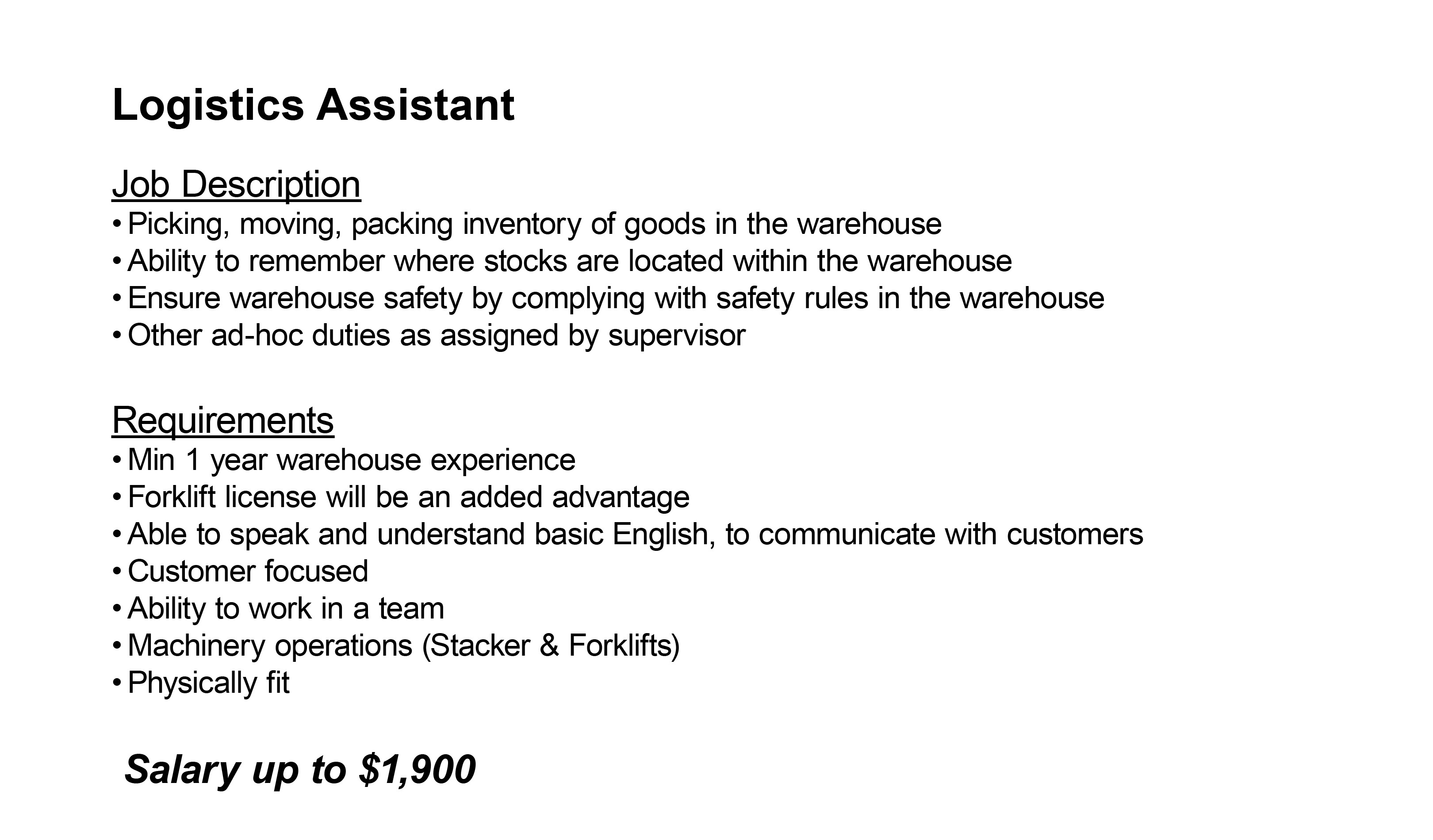 Recruitments 2024 - Logistics Assistant